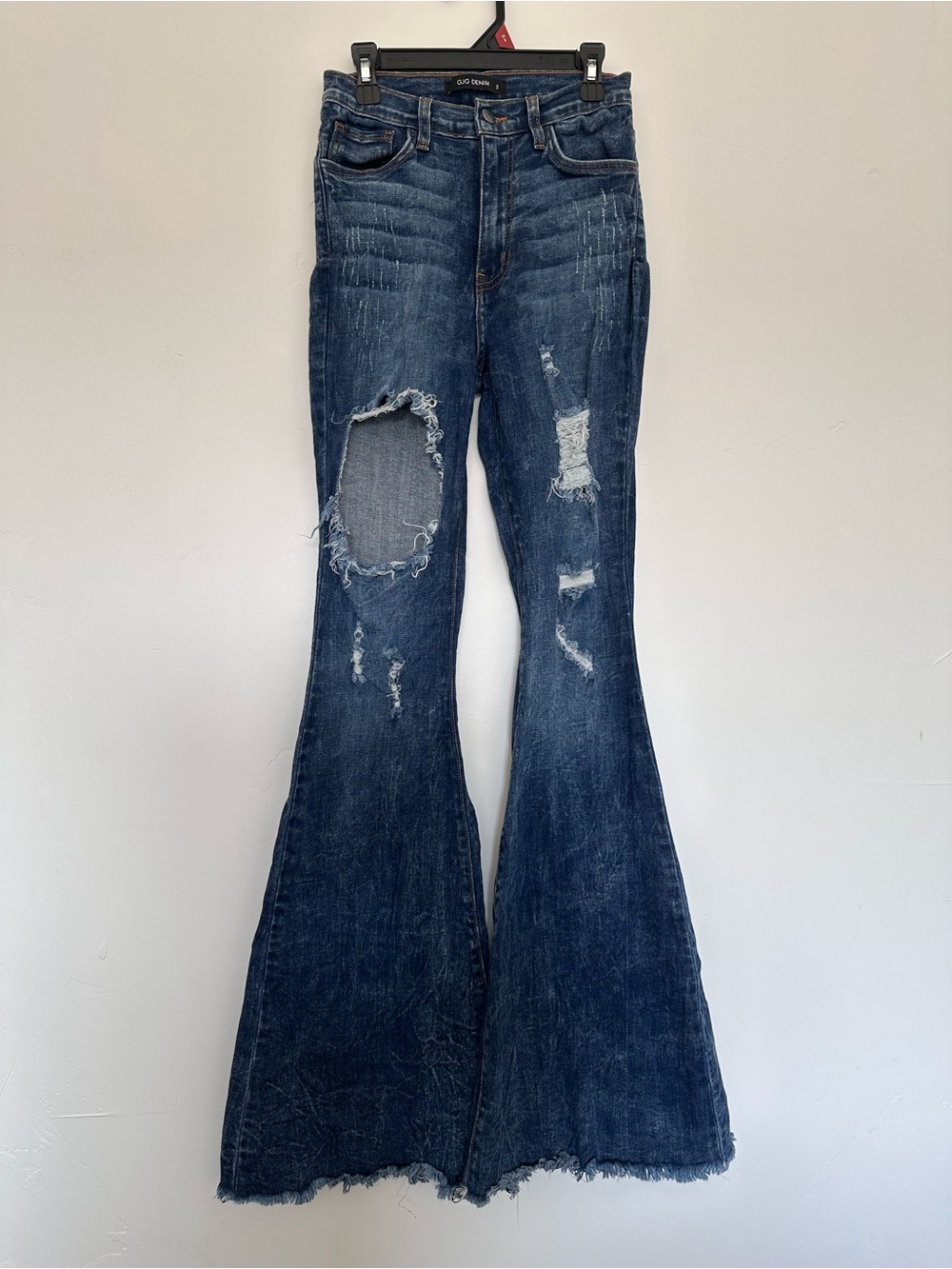 Women's Dark Blue Distressed Flare Jeans - High Rise